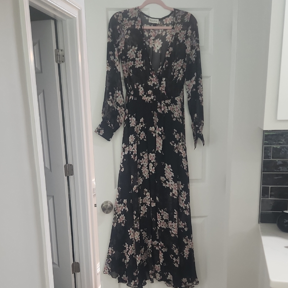 Pink and Black Tiered Wrap Dress with Bishop Sleeves